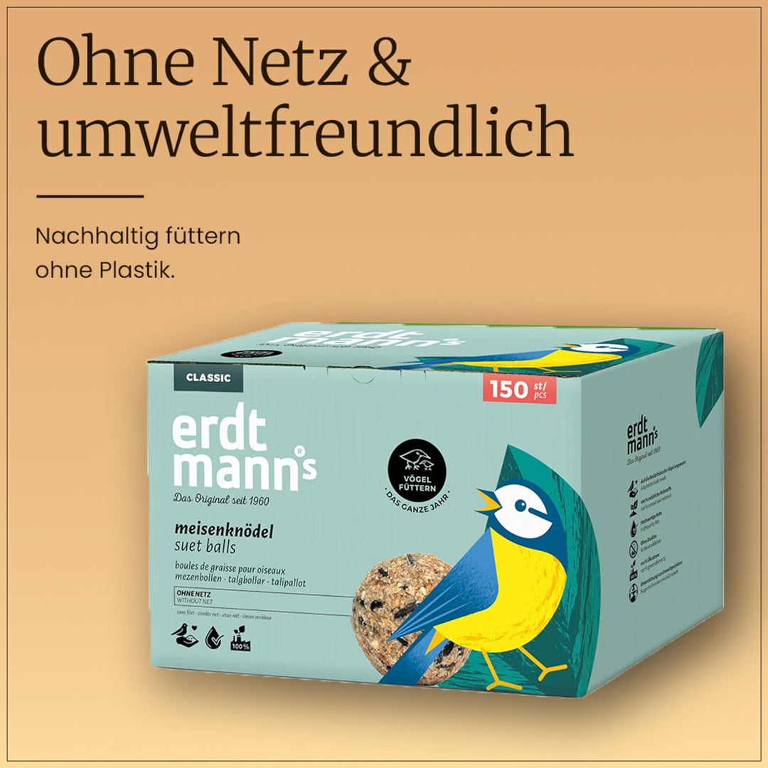 Erdtmanns - 150 Meisenknödel ohne Netz für Wildvögel im Karton I Umweltfreundlich I Vielfältige Zusa
