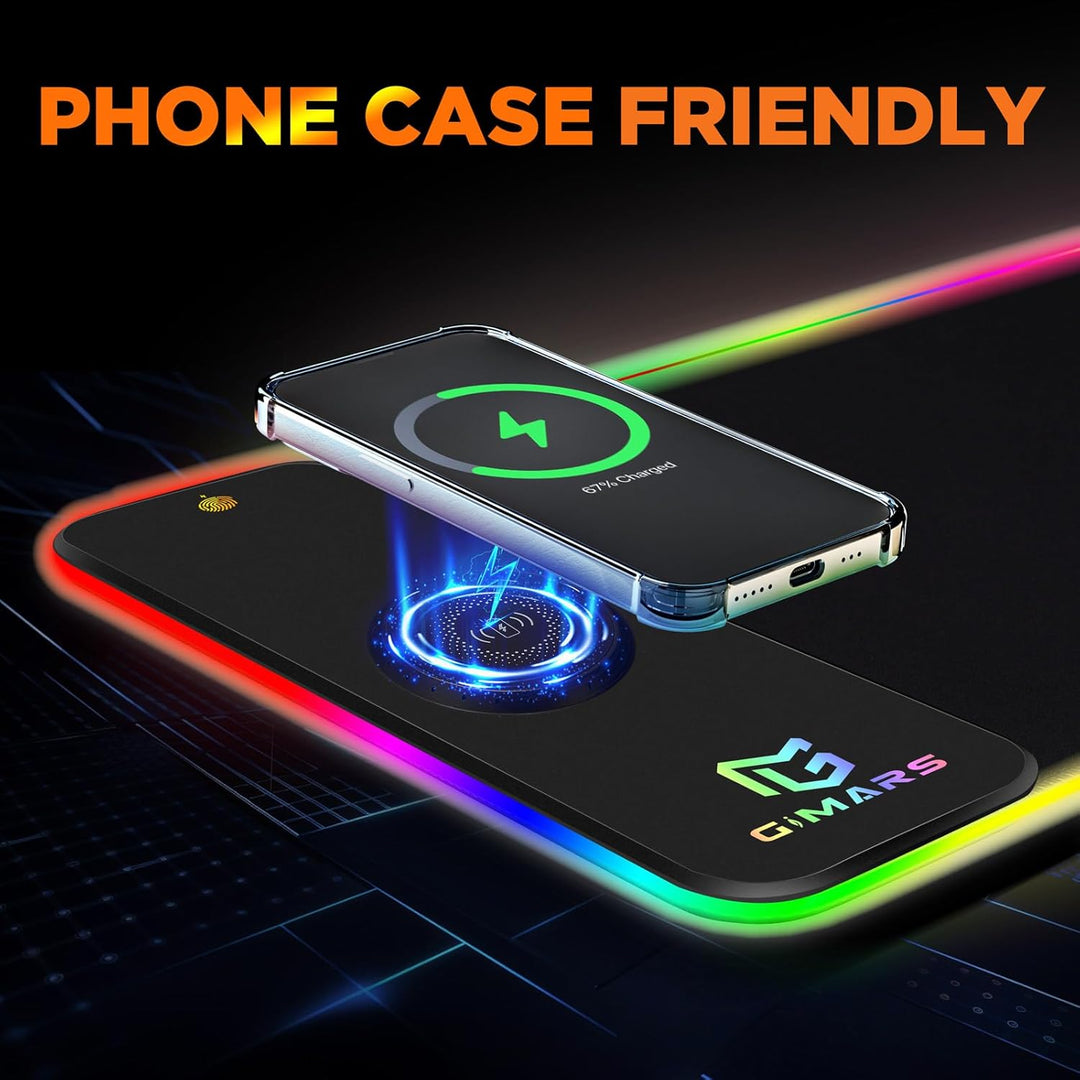 Gimars Upgrade Gaming Mauspad RGB, 15W Kabelloser Schnellladung, 800x300x5mm, Mousepad XXL mit 10 Fa