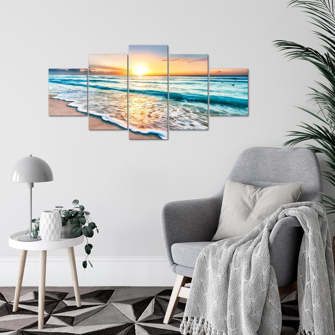 Runa Art Wandbilder Sonnenuntergang Strand 5 Teilig Bild auf Vlies Leinwand Deko Schlafzimmer Wohnzi
