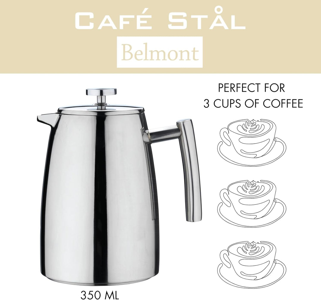 Café Stål Belmont Doppelwandiger Kaffeebereiter aus hochwertigem 18/10 Edelstahl – 3 Mokktassen, 350