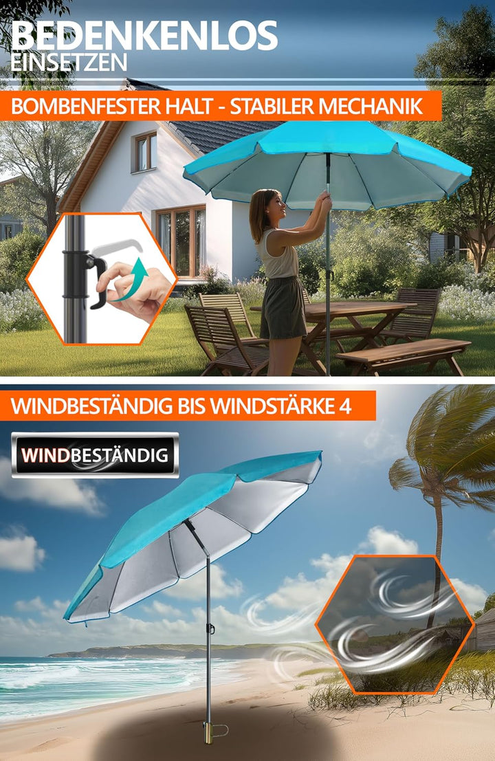 4smile Sonnenschirm Strand Ø 200 cm, 3-in-1 SET mit Rasendorn, Türkis | Strandschirm windfest stabil