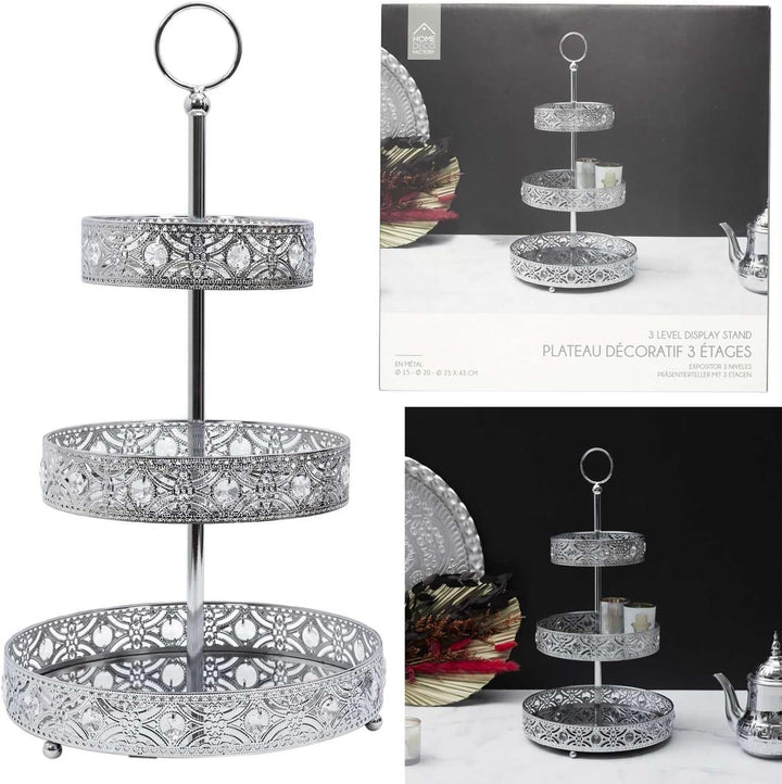 HOME DECO FACTORY, KA0113, 3 Tier Silver Metal Decorative Tray, Ideal for Entertaining and Home Deco