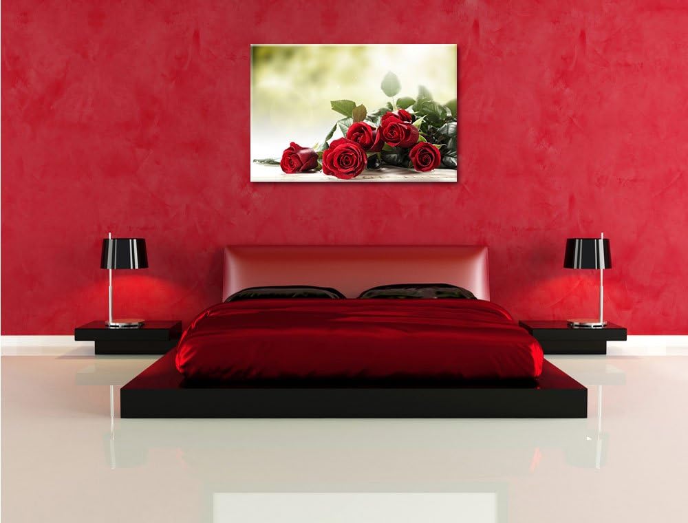 Rosenstrauss auf Holztisch Format: 100x70 auf Leinwand, XXL riesige Bilder fertig gerahmt mit Keilra
