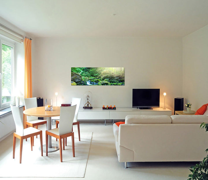 Paul Sinus Art Panoramabild auf Leinwand und Keilrahmen 150x50cm Wald Bäume Bach Steine Sonnenstrahl