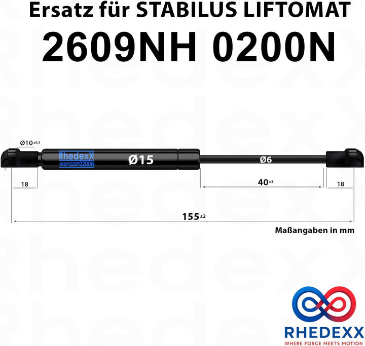Gasdruckfeder Ersatz für Stabilus Lift-O-Mat 2609NH 0200N RhedexX® Gasdruckdämpfer mit M6 Kugelpfann