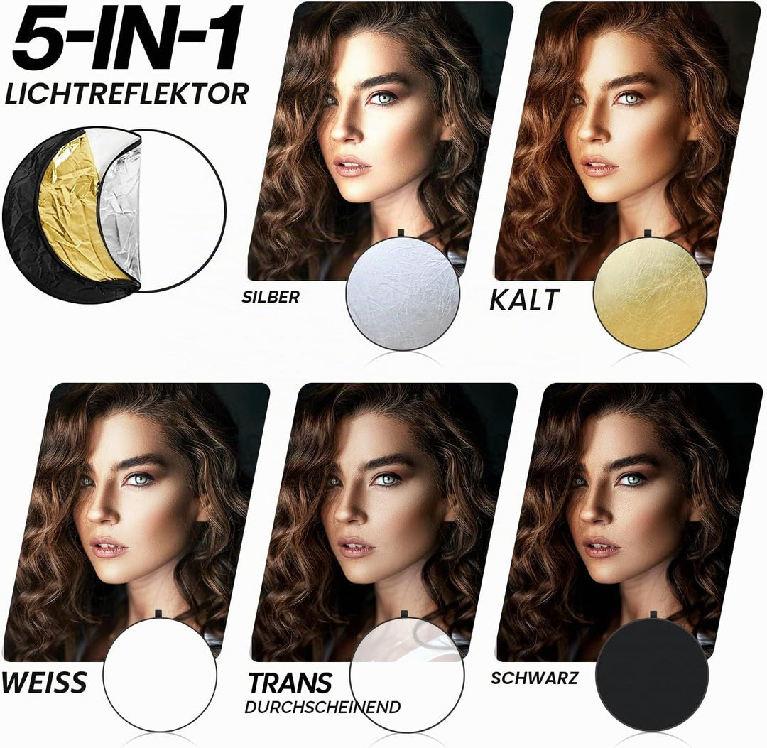 Spardar 110CM 5 in 1 Reflektor Mit Stativ, Runder Faltreflektor (Diffusor und Gold/Silber/Weiss/Schw