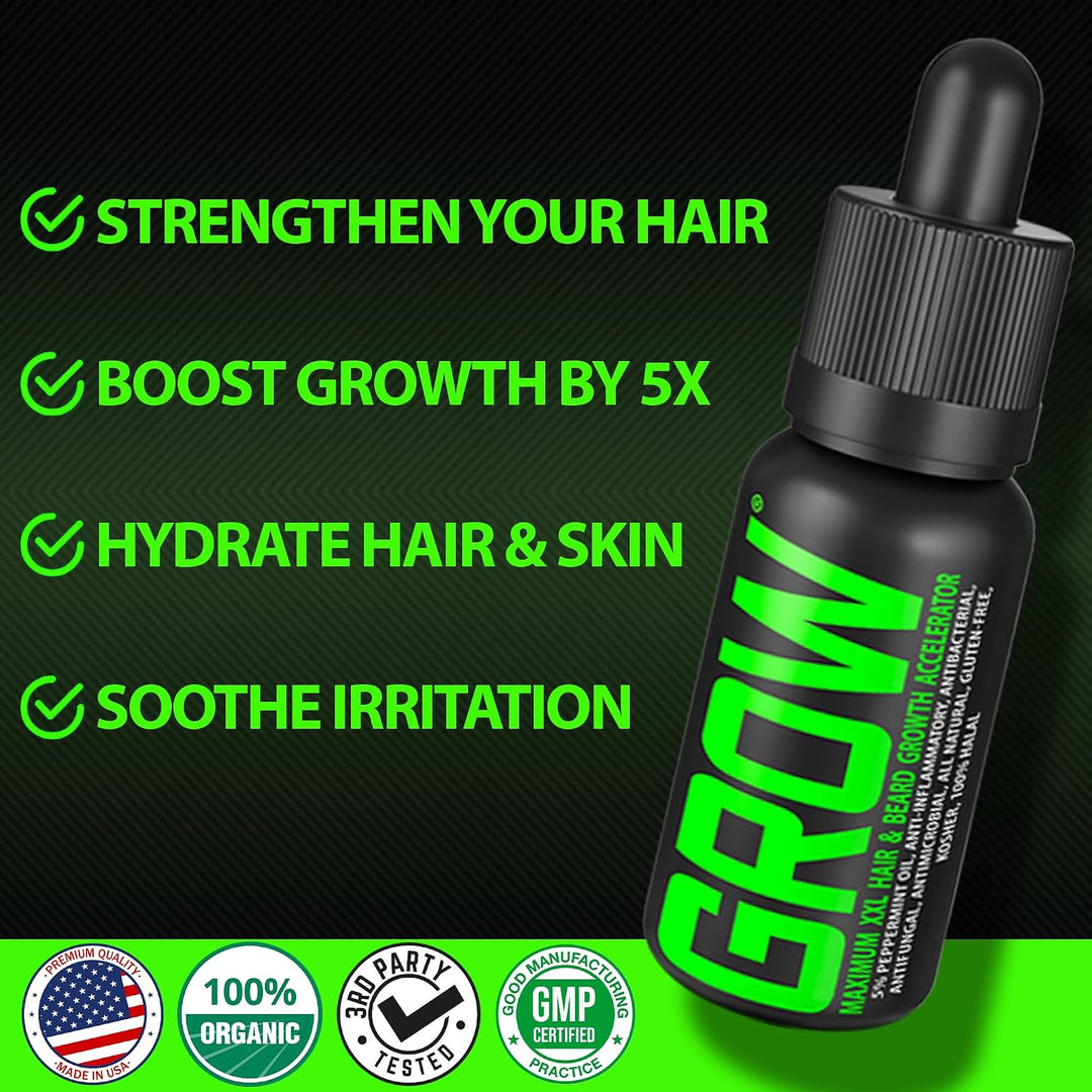 GROW Maximum XXL Beard Growth &amp; Mustache Accelerator Serum - Beard Growth Oil for Men to Fix Patchy