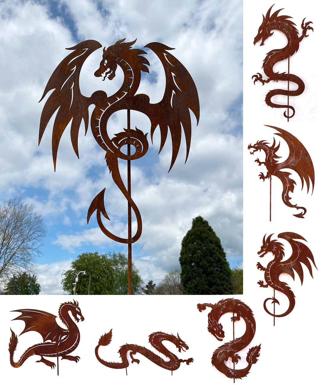 STEINFIGURENWELT GIEBEN Mächtiger Drache 60x46cm + Stab Gartenstecker Edelrost Drachen Figur, Mächti