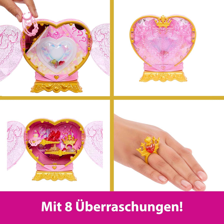 Mattel Disney Princess Belle Modepuppe und Zubehörteile mit 8 Überraschungen, darunter herzförmige J