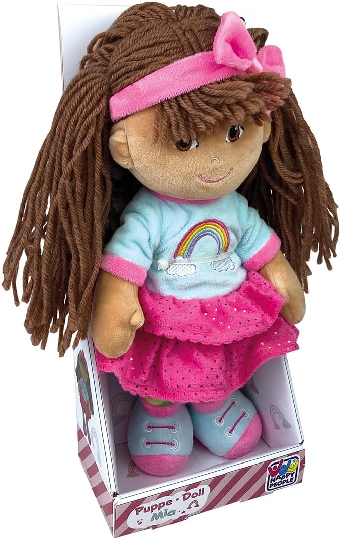 Schlenkerpuppe Mia, ca. 30 cm gross, Stoffpuppe mit Haarschleife und Outfit im Regenbogendesign, ges