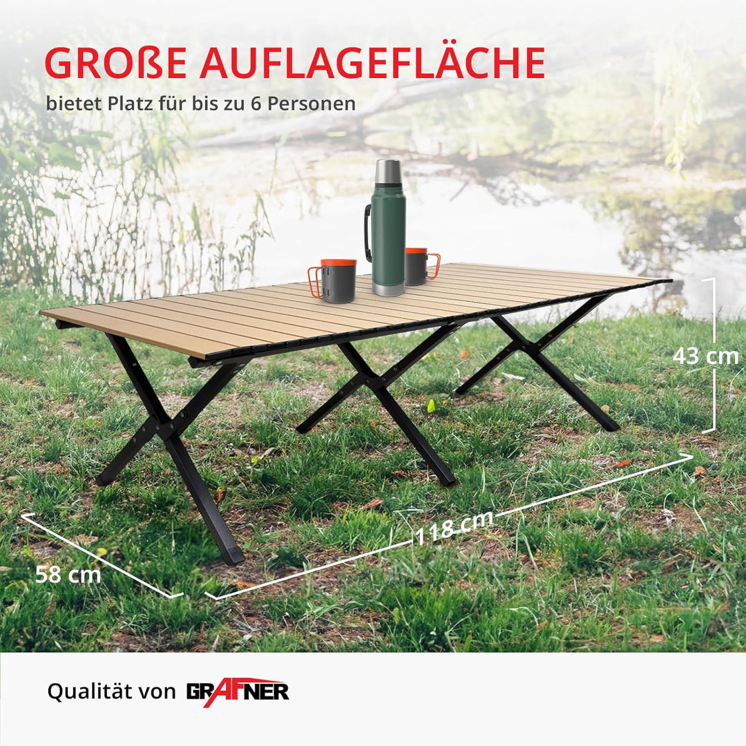 Grafner XXL Campingtisch in Holzoptik klappbar, 118 x 58 x 43 cm, niedrige Ausführung, kleines Packm