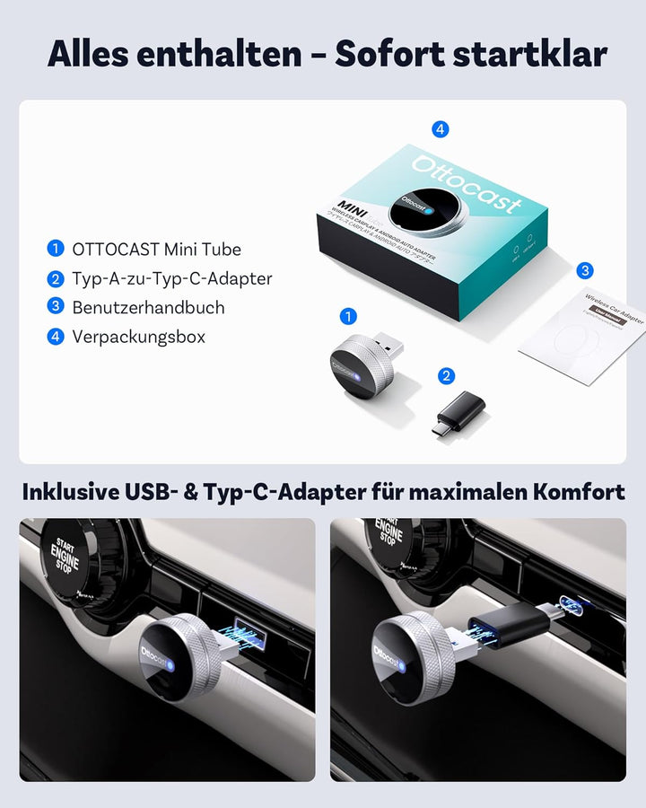 OTTOCAST Mini Tube 2026, Wireless CarPlay & Android Auto Adapter für iOS 10+/Android 11+, Plug & Pla