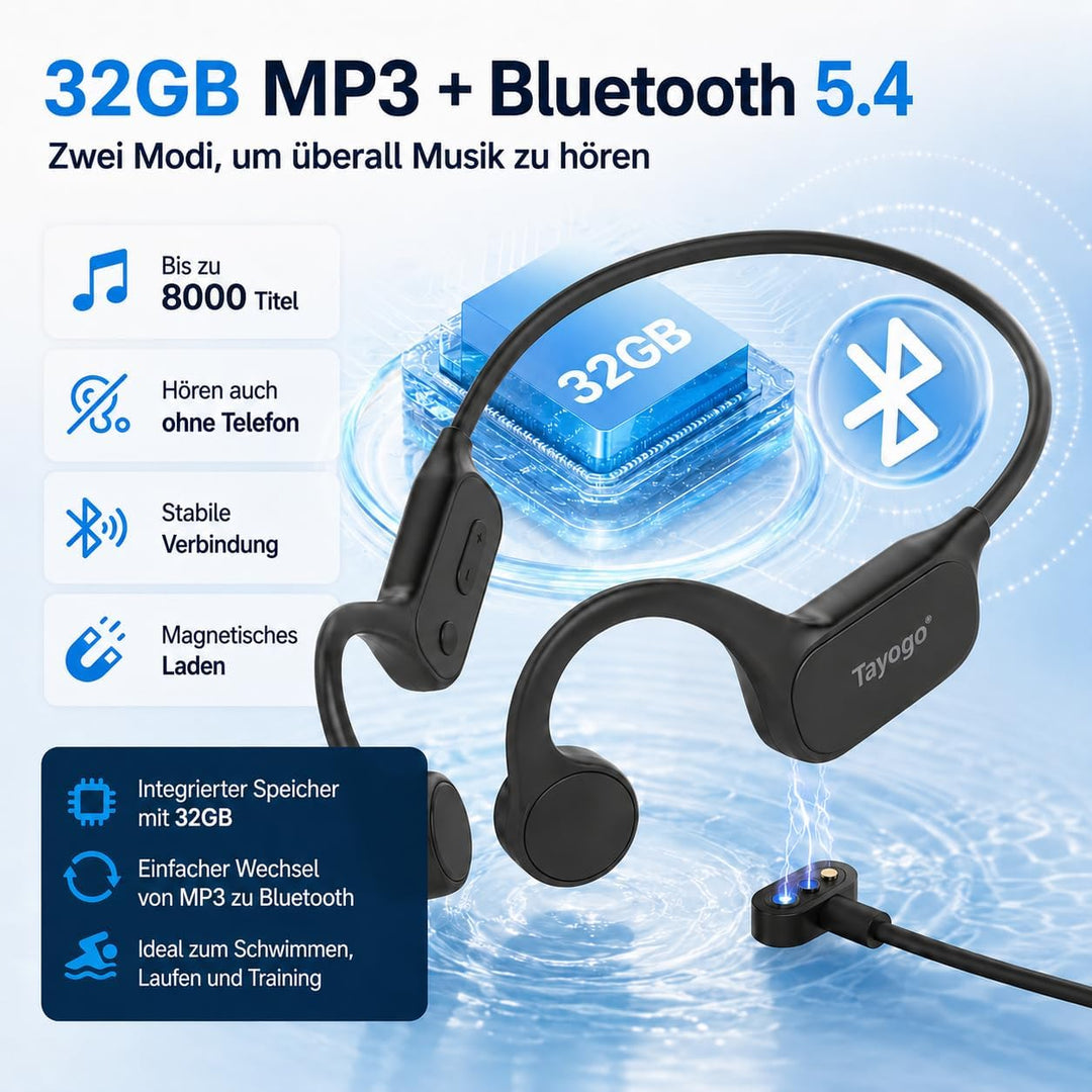 Tayogo Schwimmen Kopfhörer, Knochenschall Kopfhörer Eingebaute 32GB Speicher, MP3 Sport Kopfhörer Bl