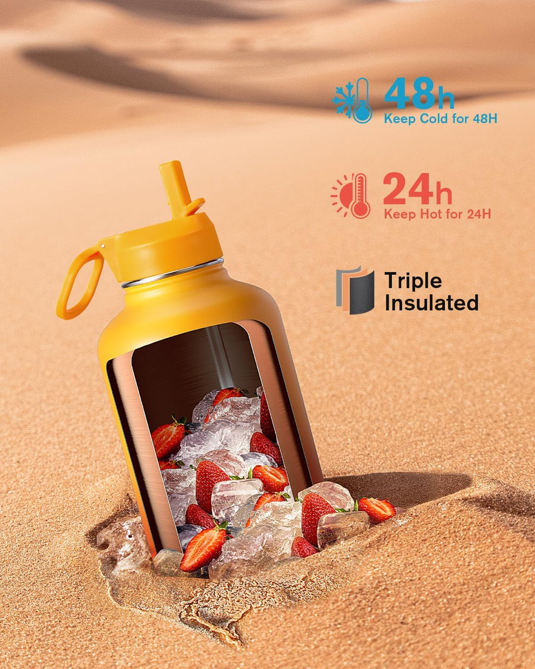 Coolflask Isolierte Wasserflasche mit Strohhalm und 3 Deckeln, 1,8 l Wasserkrug, grosser Metall-Edel