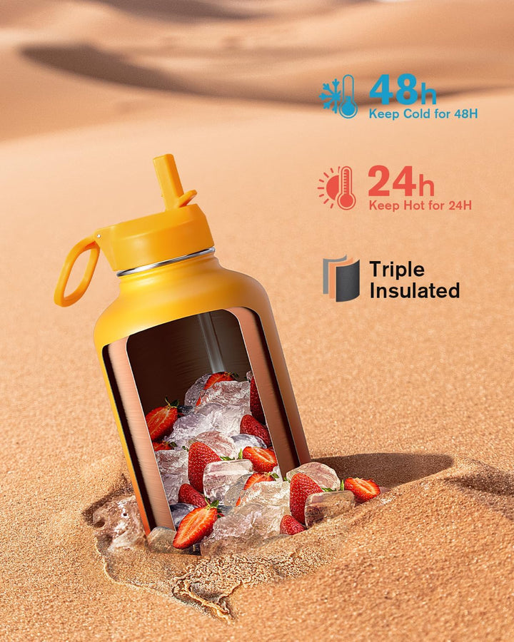 Coolflask Isolierte Wasserflasche mit Strohhalm und 3 Deckeln, 1,8 l Wasserkrug, grosser Metall-Edel