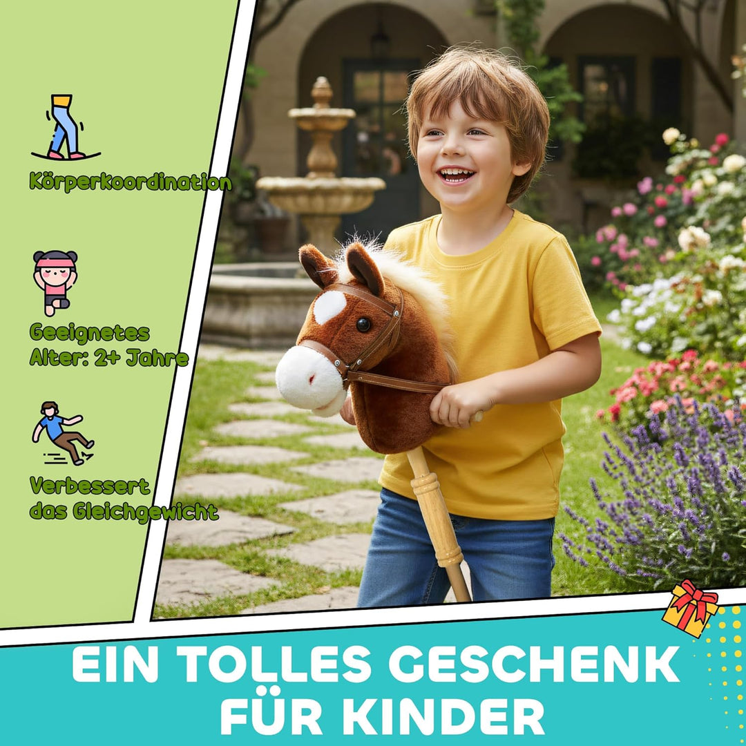 AIYAPLAY Hobby Horse Steckenpferd mit Sound, Griffe, Rolle, Holzstock, Hobby Horsing aus Polyester m