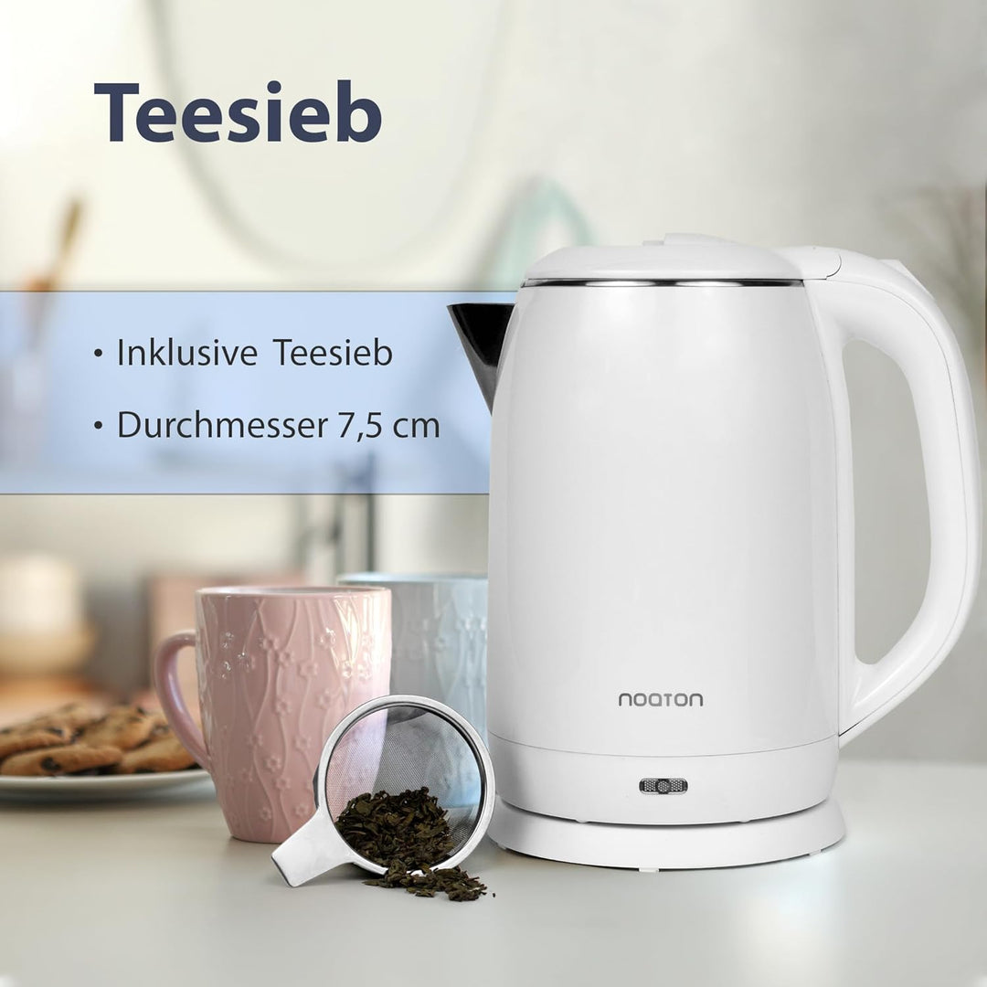 Noaton K1W Basic, Elektrische Wasserkocher, Kapazität 2L, Doppelwand-Design, Edelstahl, 1500 W, Leis