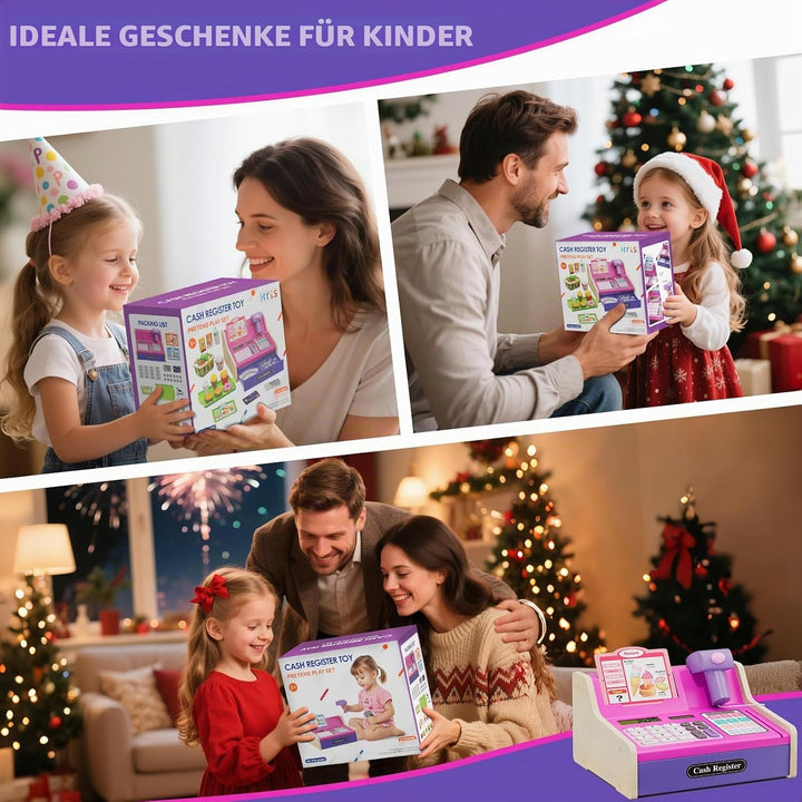 Kinder Kasse Holzkasse mit Sound, Spielkasse Kaufladen Spielzeug mit Spielgeld/Münzen/Kreditkarte/Ei