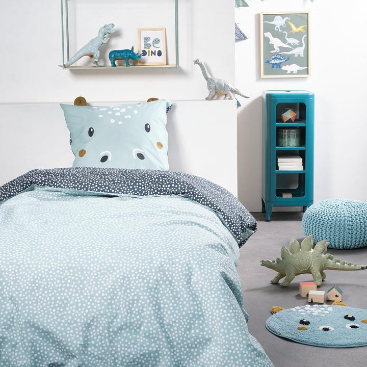 Familando Kinder Bettwäsche Set Blau 135x200 80x80 cm · Happy Hippo Nilpferd Bettwäsche mit Ohren ·