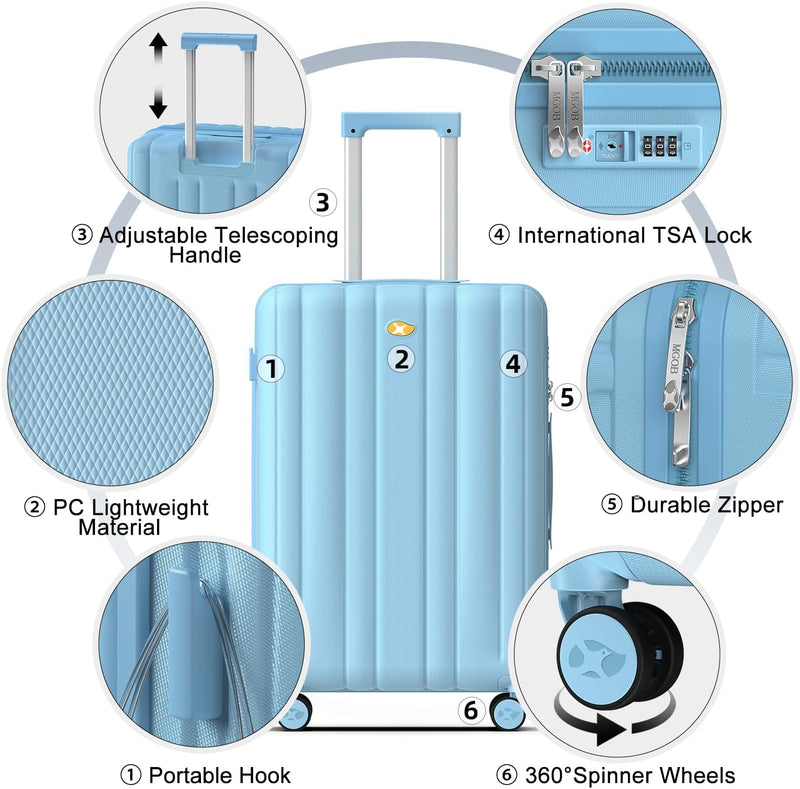 MGOB Koffer Set Trolley Polycarbonat Hartschalen Reisekoffer mit TSA-Schloss (Blau, M-L-XL) Blau Set