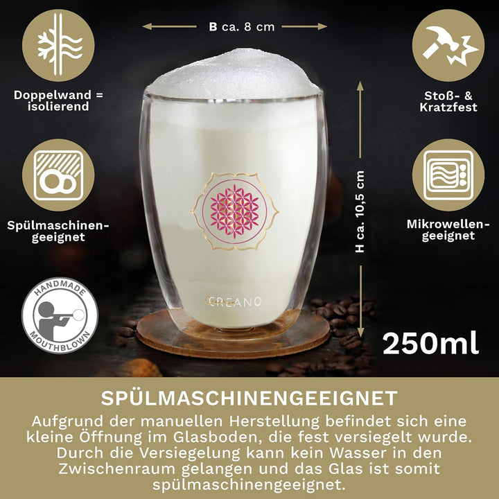 Creano doppelwandiges Tee-Glas, Latte Macchiato, Thermobecher Blume des Lebens | 250ml, in exklusive