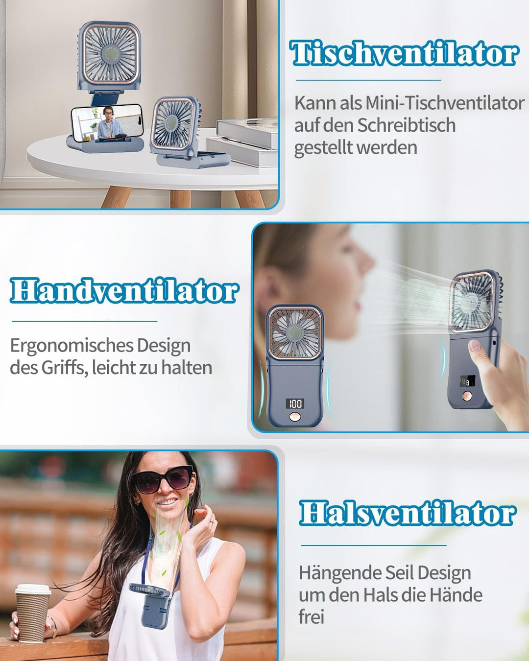 DDKJ Handventilator, Tragbarer Mini Ventilator Hand, 3 Geschwindigkeiten Portable Fan Klein (180°sch