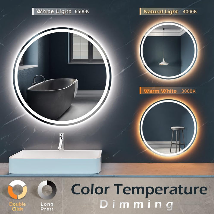 KWW 80 cm LED Runder Badezimmer Eitelkeitsspiegel, Farbtemperatur Einstellbar, Anti-Nebel Dimmbare L