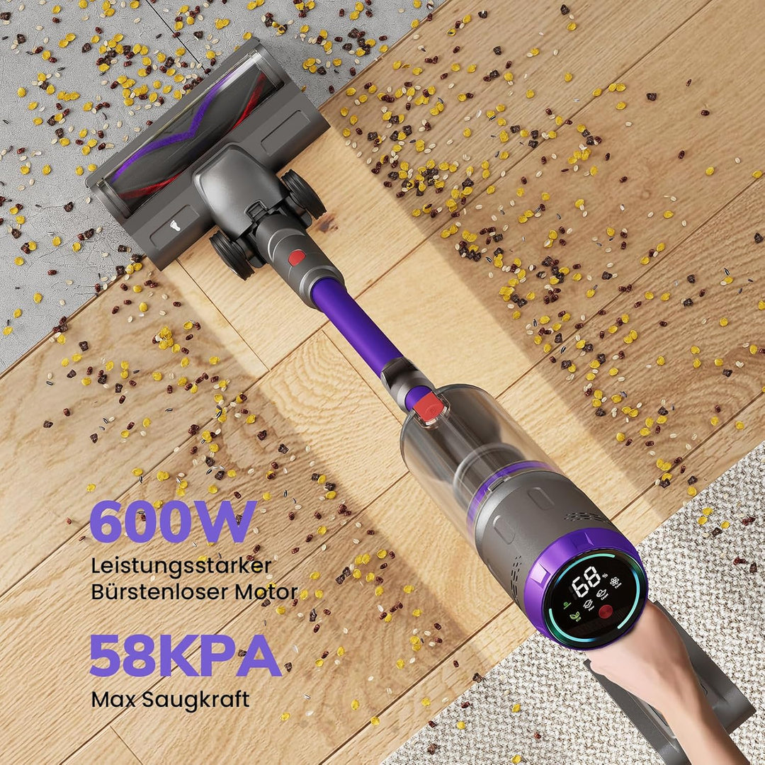 Akku Staubsauger, 600W/58000Pa/75Min, Staubsauger Kabellos mit FurTornado™ Mini-Düse und Ladestation