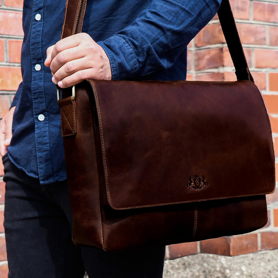 SID & VAIN Laptoptasche Messenger Bag SPENCER aus Büffel-Leder I Business-Tasche XL gross für Herren