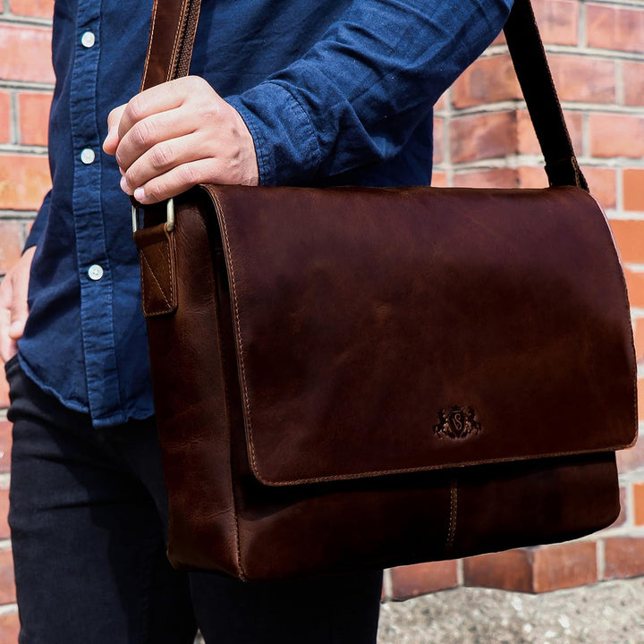 SID & VAIN Laptoptasche Messenger Bag SPENCER aus Büffel-Leder I Business-Tasche XL gross für Herren
