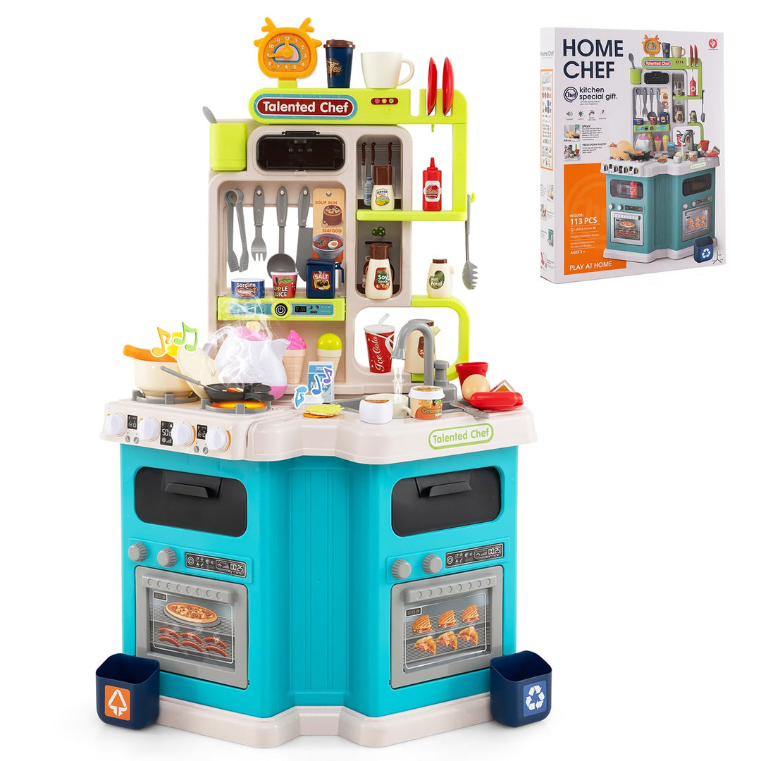 COSTWAY Kinderküche mit 113 Zubehör, Eck-Spielküche mit Licht, Sound & Dampf, Kinder Küche mit Kochh
