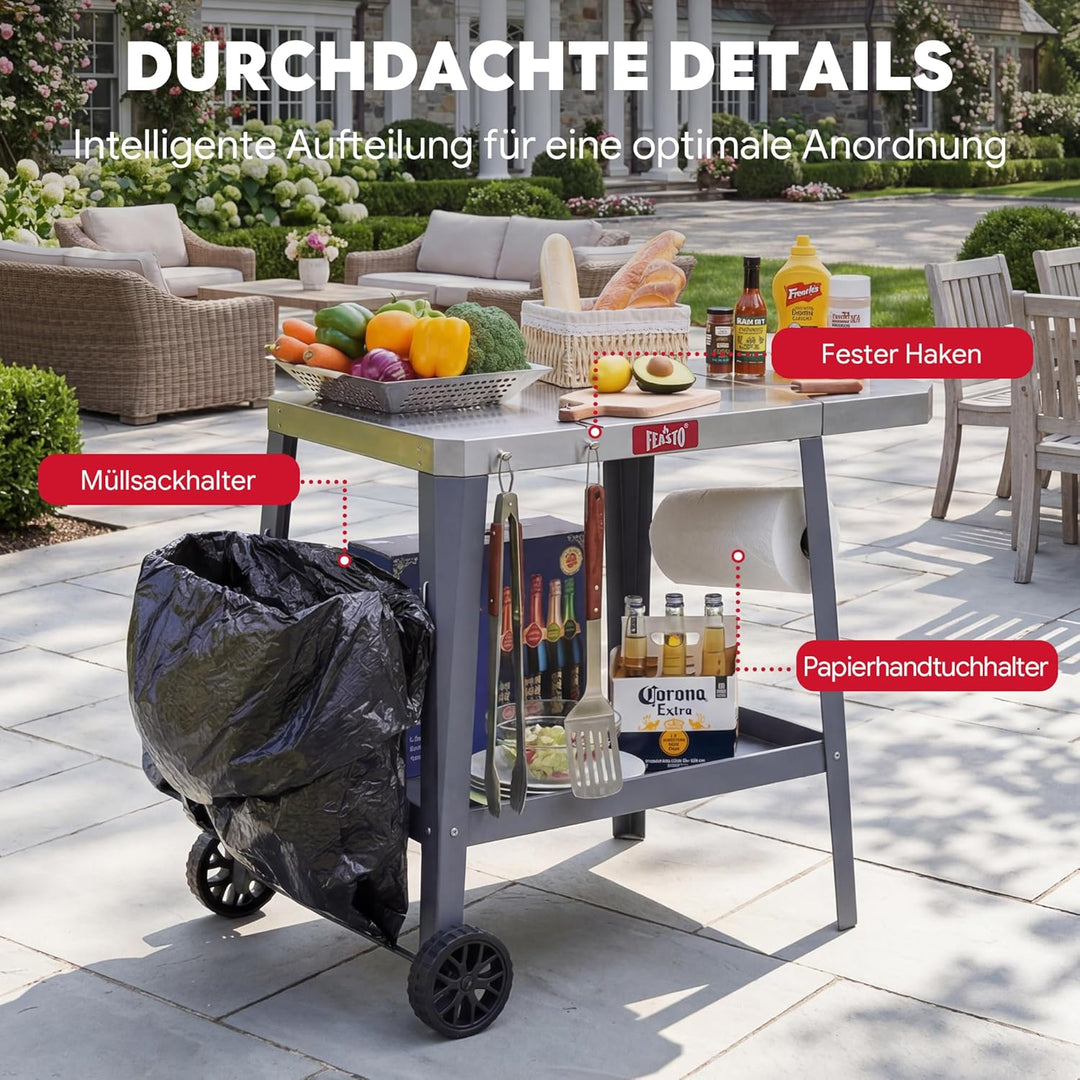 Feasto Grillwagen mit Klappbarem Beistelltisch, Grilltisch mit Rollen, Servierwagen Outdoor für Gart