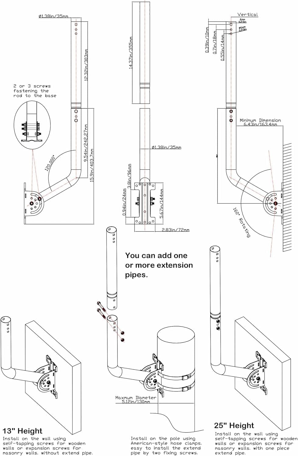 Antennenhalterung Wandhalterung 3,5 cm x 71 cm, TV Antennenmast aus lackiertem Eisen, verstellbare D