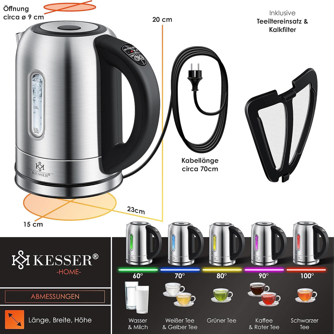 KESSER Wasserkocher 2200W Edelstahl 1,7L mit LED Beleuchtung-Farbe je nach Temperaturwahl 60, 70, 80