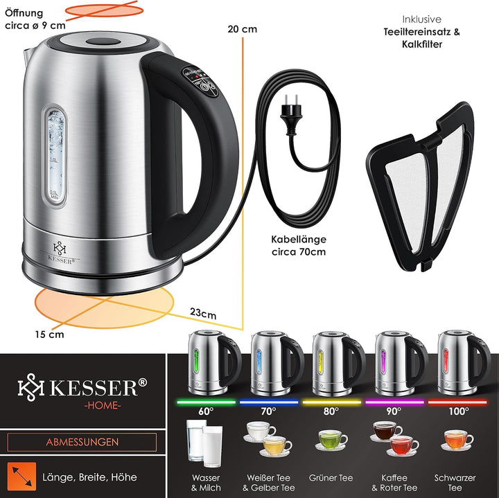KESSER Wasserkocher 2200W Edelstahl 1,7L mit LED Beleuchtung-Farbe je nach Temperaturwahl 60, 70, 80