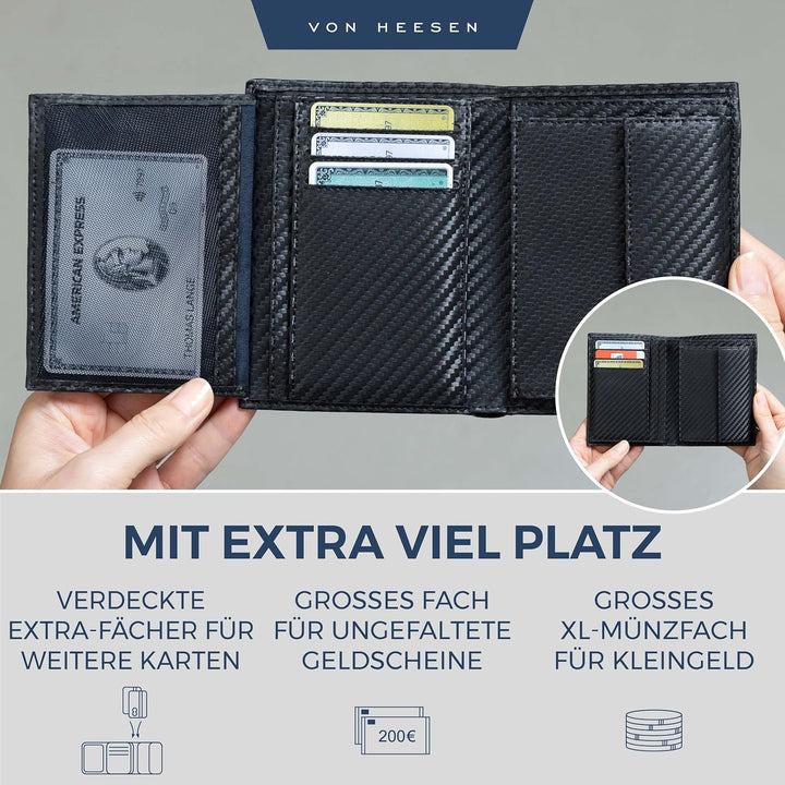 VON HEESEN® Geldbörse Herren & Damen (Carbon-Schwarz, MIT MÜNZFACH) Schwarz Carbon MIT XL MÜNZFACH,