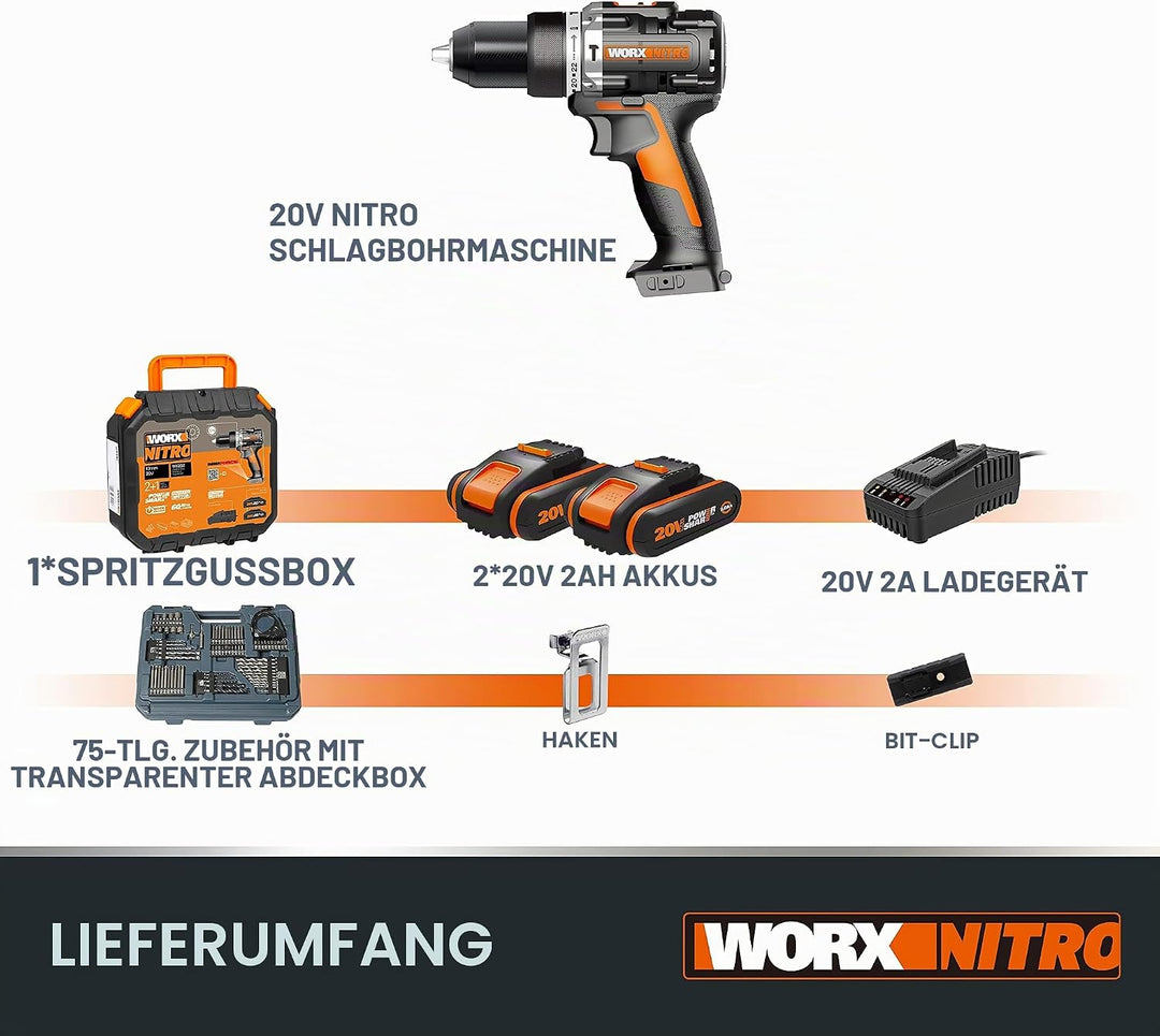 WORX NITRO 18V(20V MAX) Akku-Schlagbohrmaschine WX352.4, PowerShare, bürstenloser Motor, 60Nm, varia