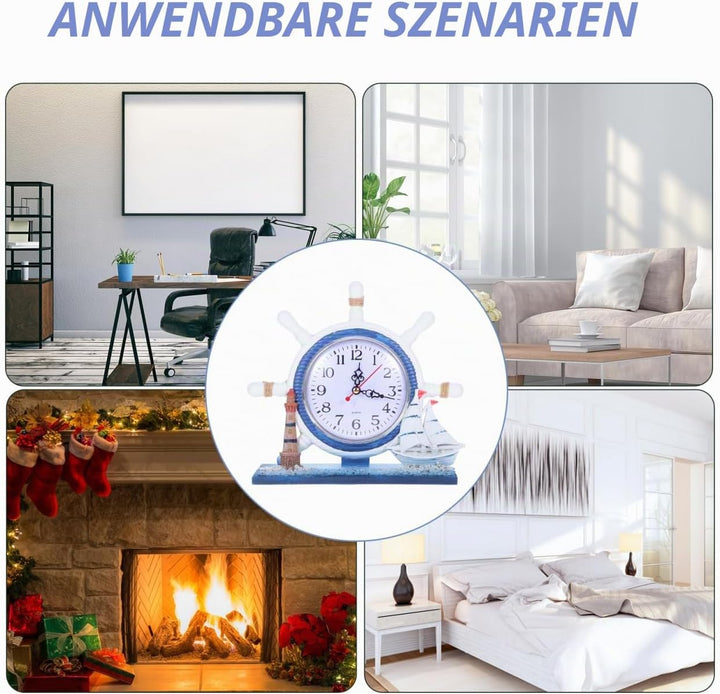 Zerodeko Leise Wanduhr Aus Holz Mit Leuchtturm Und Schiffsrad Für Dekoration Mit Strandthema