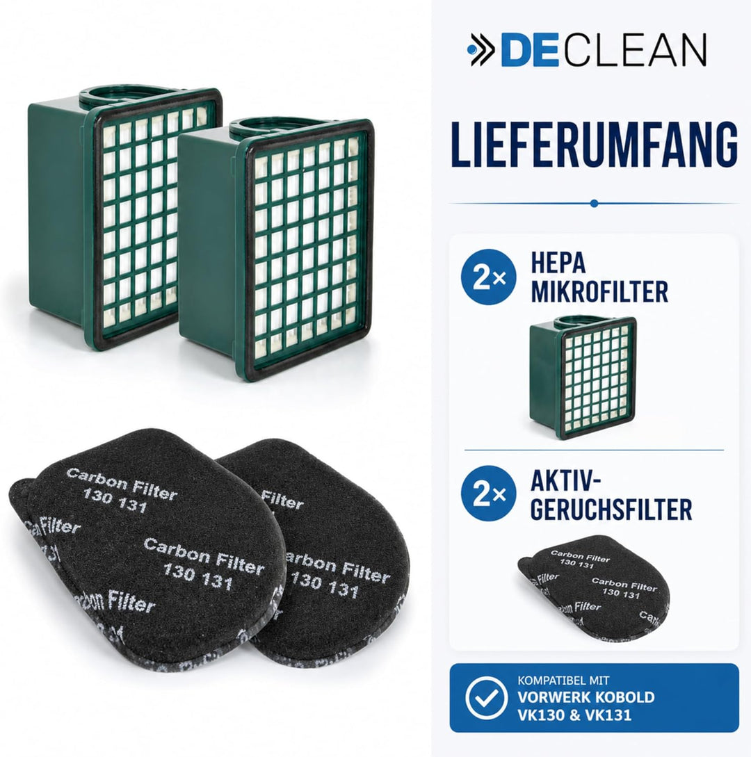 DeClean 2 x HEPA-Filter, 2 x Aktiv-Geruchsfilter Motorfilter kompatibel mit Vorwerk Kobold VK 130 13