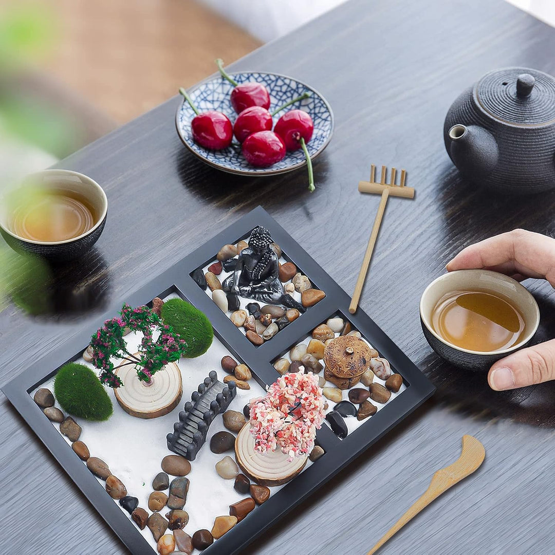 porlik Japanischer Zen-Garten für den Schreibtisch, Mini-Zen-Garten mit Sand, künstliche Bonsai-Baum