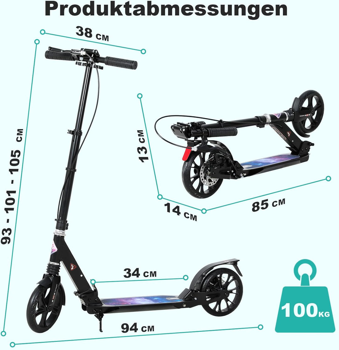 ISE Big Wheel Scooter Tretroller 200mm Roller Cityroller Klappbarer Scooter mit 2 Räder,Handbremse f