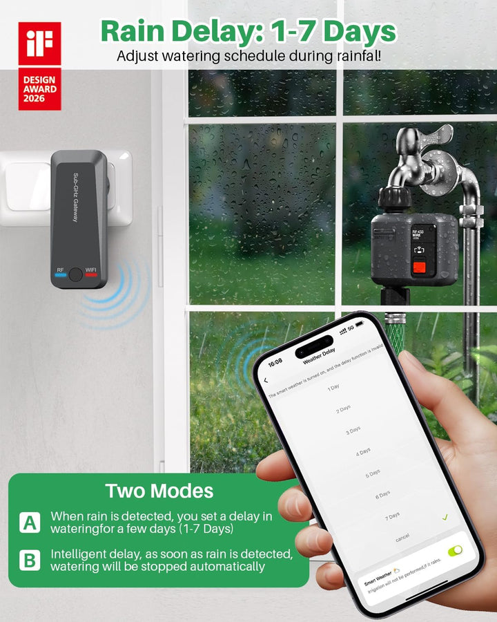 Bewässerungscomputer WLAN mit 300M RF-Technologie, Bewässerungsuhr für Gartenbewässerung Kompatibel