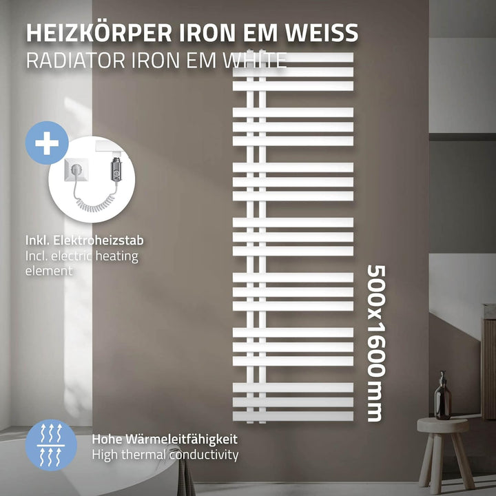 ECD Germany Iron EM Design Badheizkörper Elektrisch mit Heizstab 900 W - 500 x 1600 mm - Weiss - Des