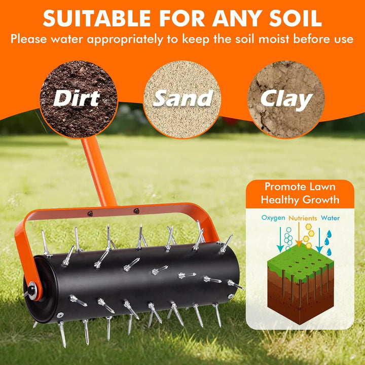Rasenlüfter Walze, Rasenbelüfter Manuell, Handvertikutierer Rollend mit 42 Nägeln 5cm & Spritzschutz