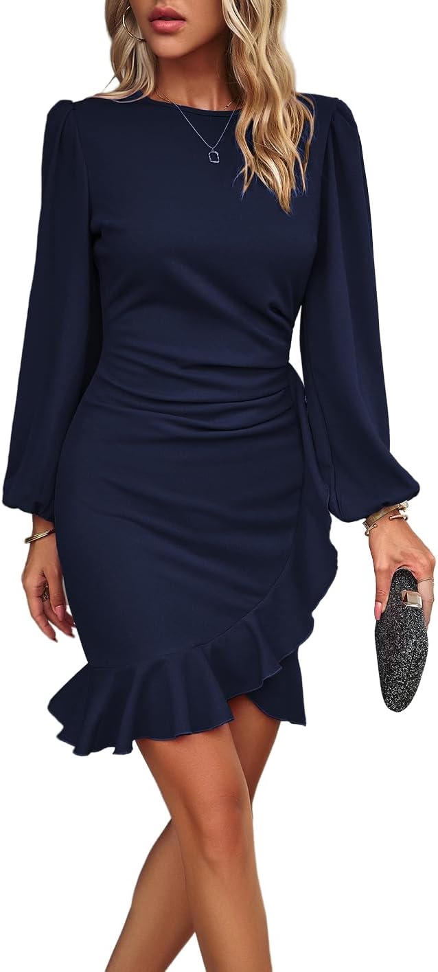 Damen Arbeit Business Kleid Langarm Rüschen Puffärmel Partykleider Bodycon Knielang Abendkleider Ble