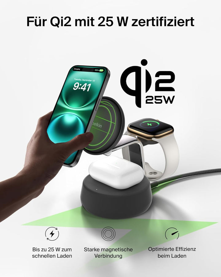 Belkin UltraCharge Pro Qi2.2 Induktive Ladestation, 25W, 3 in 1 Ladegerät MagSafe Kompatibel, Wirele