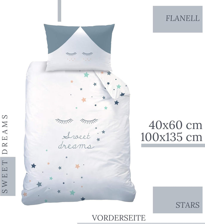 Sterne Babybettwäsche 135x100 Flanell Biber, 1 Kissenbezug 40x60 + 1 Bettbezug 100x135 cm, Sweet Dre