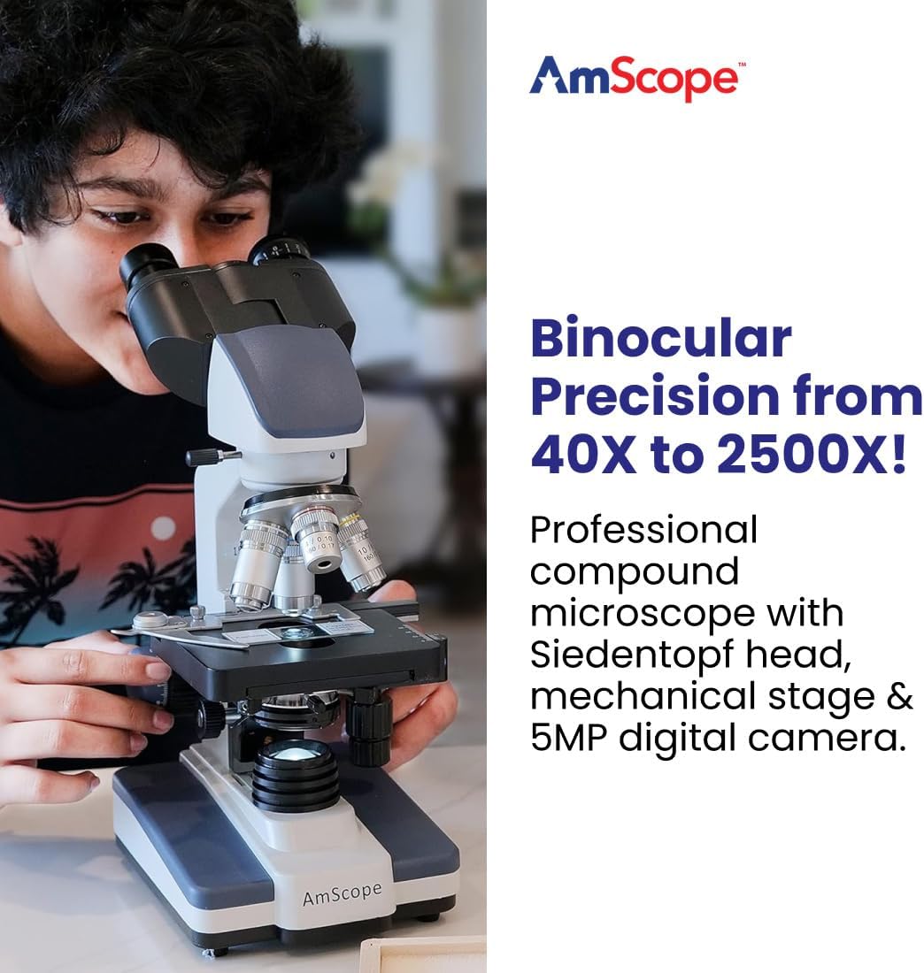 AmScope B120C-E5 40X-2500X LED Digitales Binokular-Verbundmikroskop mit 3D-Bühne und 5MP USB-Kamera