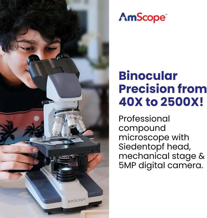AmScope B120C-E5 40X-2500X LED Digitales Binokular-Verbundmikroskop mit 3D-Bühne und 5MP USB-Kamera