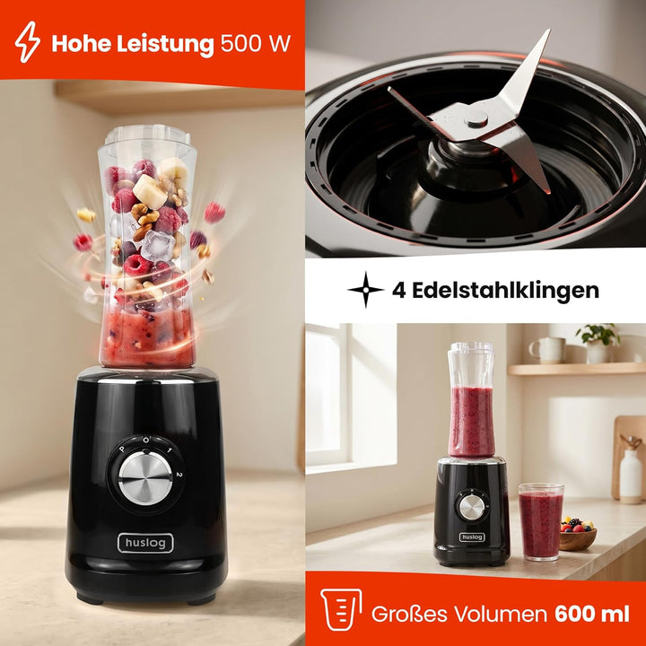 BlendGo Blender Smoothie-mixer, Trinkflasche 600 Ml, Schwarz Schwarz HUS1012, Schwarz HUS1012